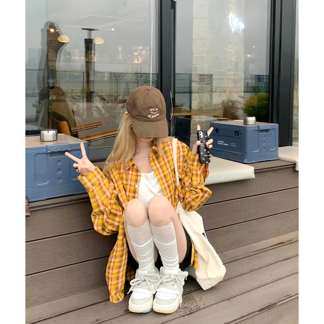 复古设计感polo领格子衬衫女宽松休闲百搭中长款松弛感外套