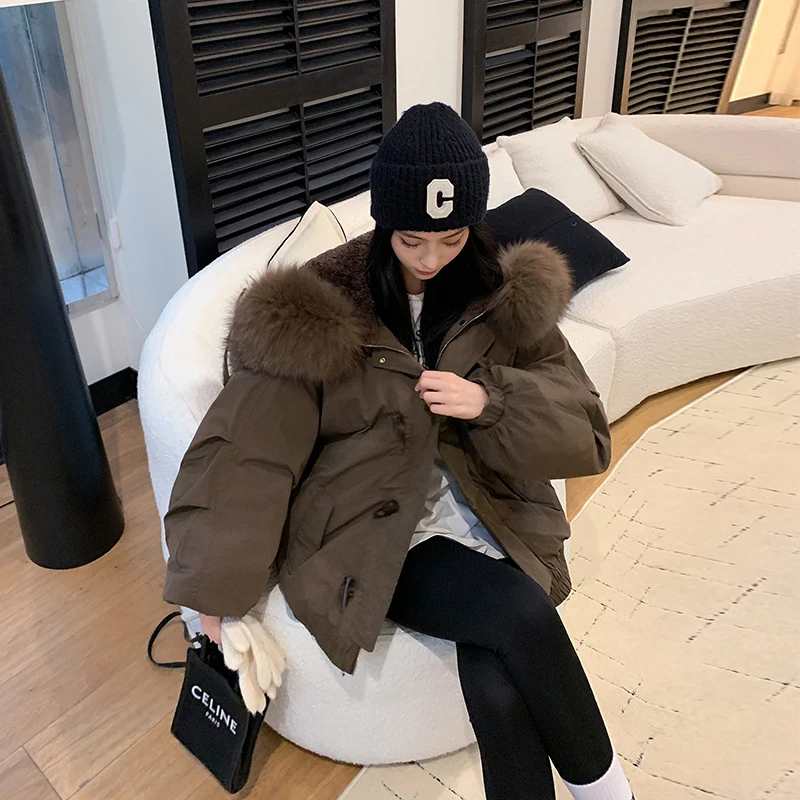 棉服女大毛领2025年冬装新款棉衣牛角扣短派克服冬季防寒外套女