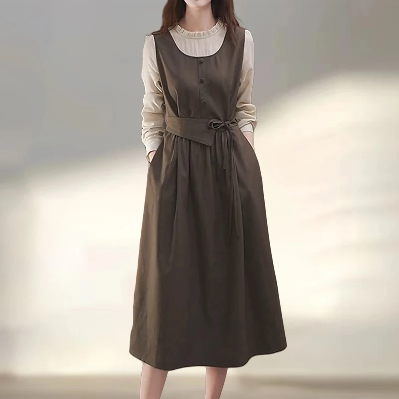 时尚气质收腰显瘦洋气连衣裙春秋新款文艺百搭假两件减龄拼接长裙