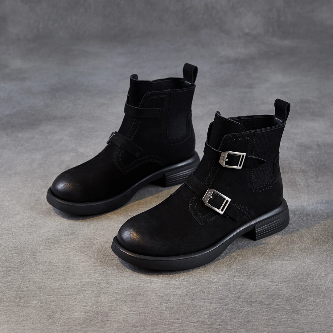 磨砂牛皮机车短靴子女软底舒适2025新款秋季时尚休闲马丁靴真皮潮