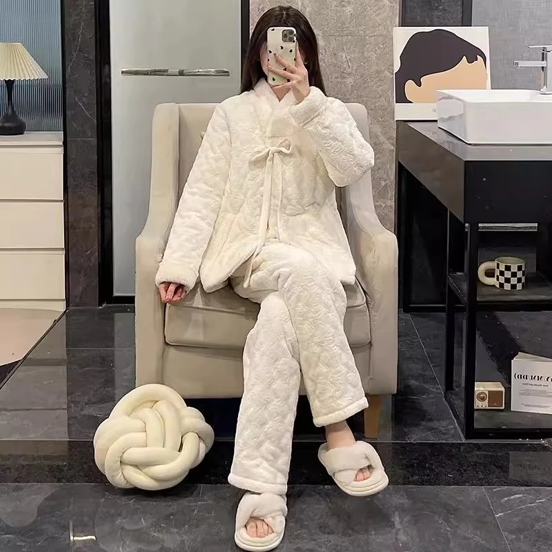睡衣女冬季三层夹棉袄加绒加厚新中式珊瑚绒保暖可外穿家居服套装