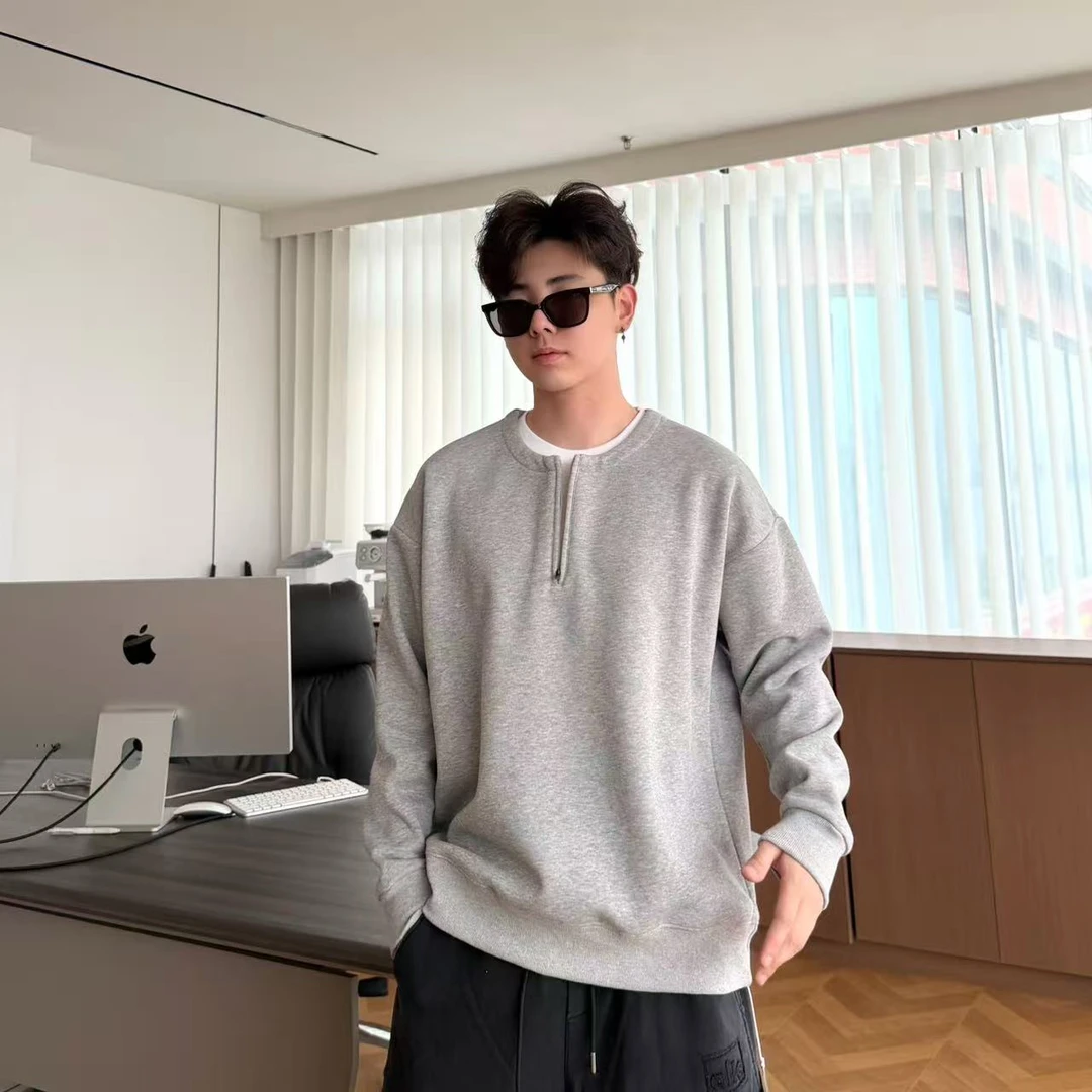 【YUZE】冬季加绒加厚假两件纯色百搭半拉链氛围感圆领卫衣J2186