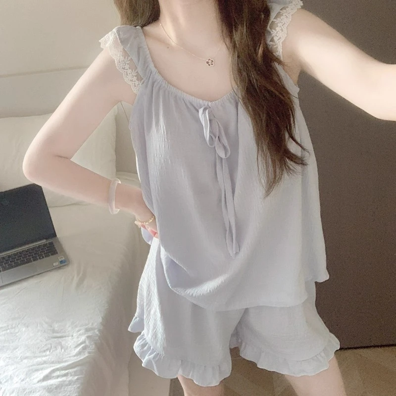 甜美蕾丝云朵棉睡衣女夏季2025新款带胸垫吊带短裤宽松家居服套装
