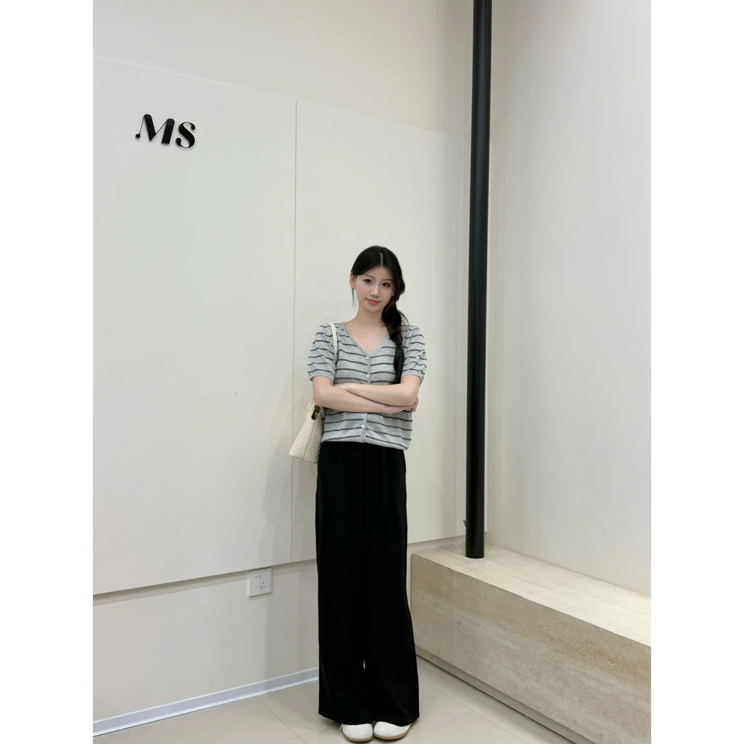 韩系V领针织开衫条纹外套女装气质显瘦2025早秋款