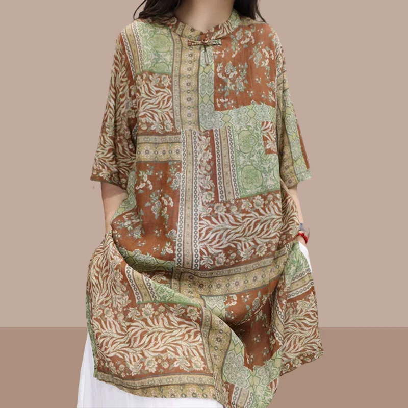 中式复古苎麻印花衬衣女2025年新款夏季时尚轻薄透气上衣女中长款