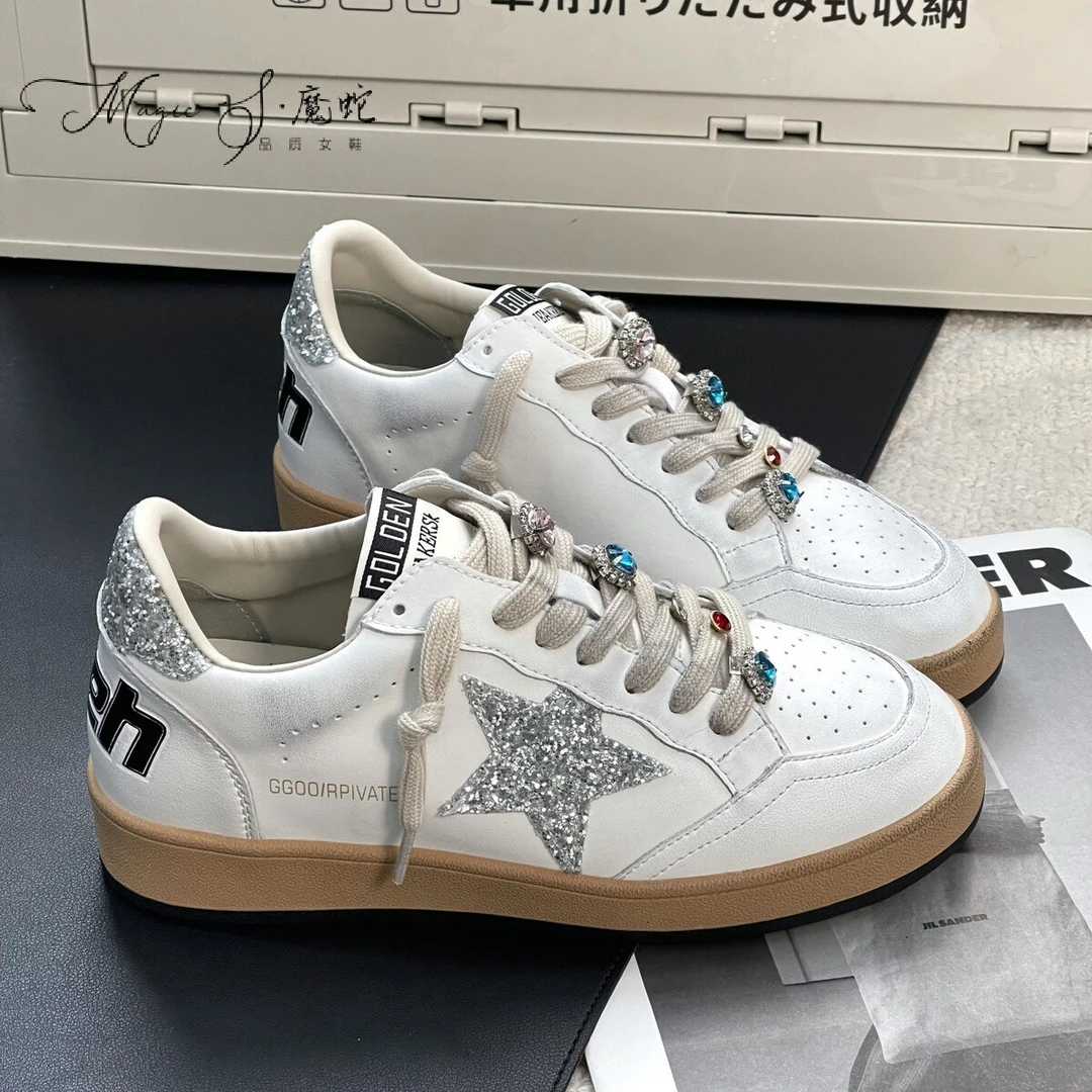 〖潮牌百搭〗新款休闲真皮星星鞋拼色擦色做旧平底学院风女小白鞋