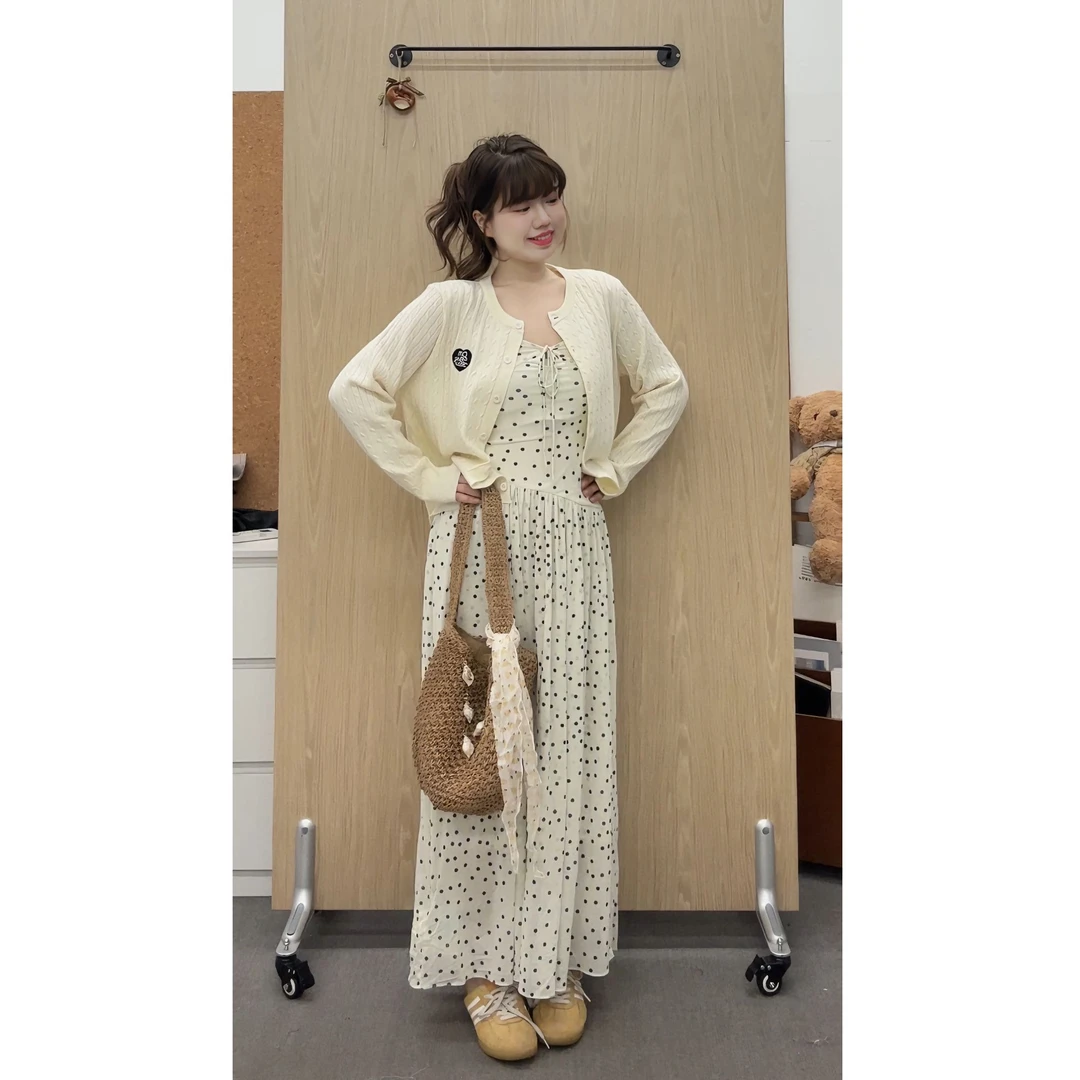 【现货】米米子定制吊带抽绳波点连衣裙显瘦时尚气质设计款新款长裙