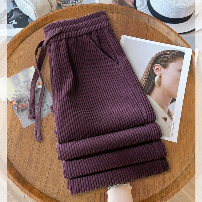 紫色灯芯绒阔腿裤女秋冬2025新款高腰显瘦条纹裤雪尼尔糯米直筒裤