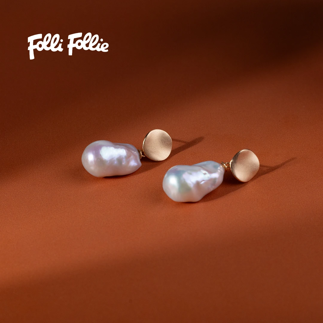 FolliFollie淡水珍珠巴洛克耳饰S925银12-15mm减龄百搭款