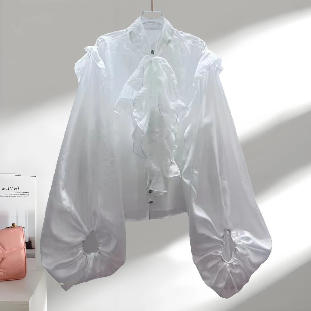 法式洋气木耳花边单排扣宽松秋季蝙蝠袖衬衫花边领衬衣品质女装