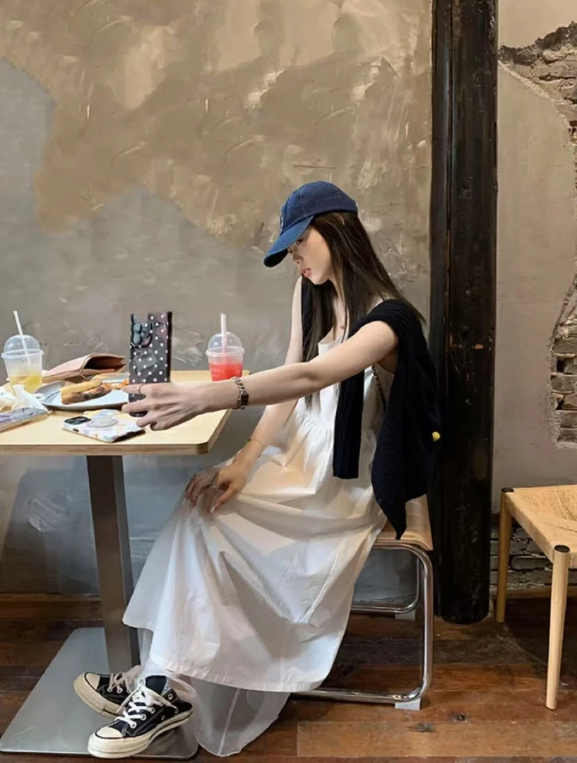 8006夏季新款法式温柔风白色无袖绑带宽松休闲气质连衣裙