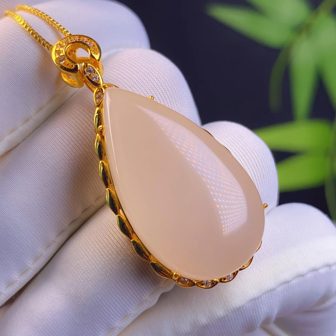 天然和田玉青海料精品藕粉熟粉925银水滴吊坠挂件女气质精美@0006