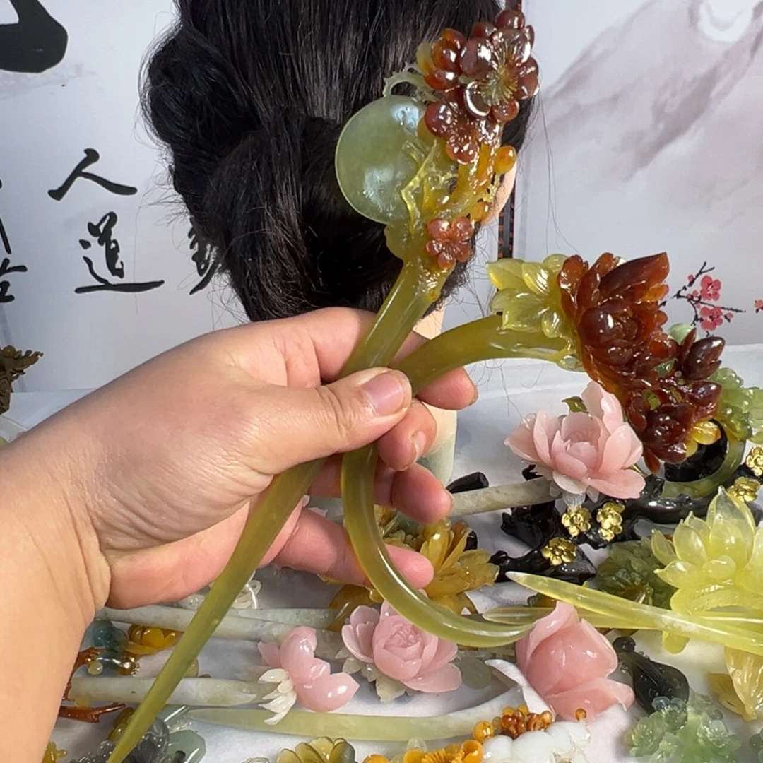 巧***）定制蛇纹石玉毛货发饰