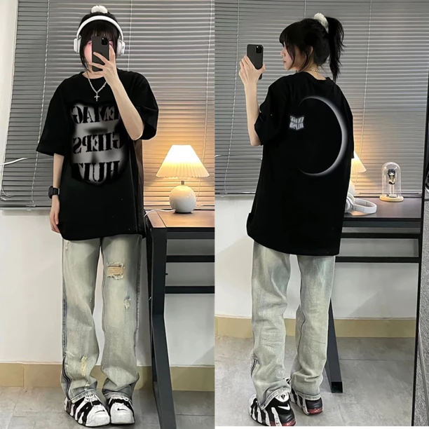 复古高街设计感小众纯棉T恤女ins潮牌夏季黑短袖美式chic港味上衣