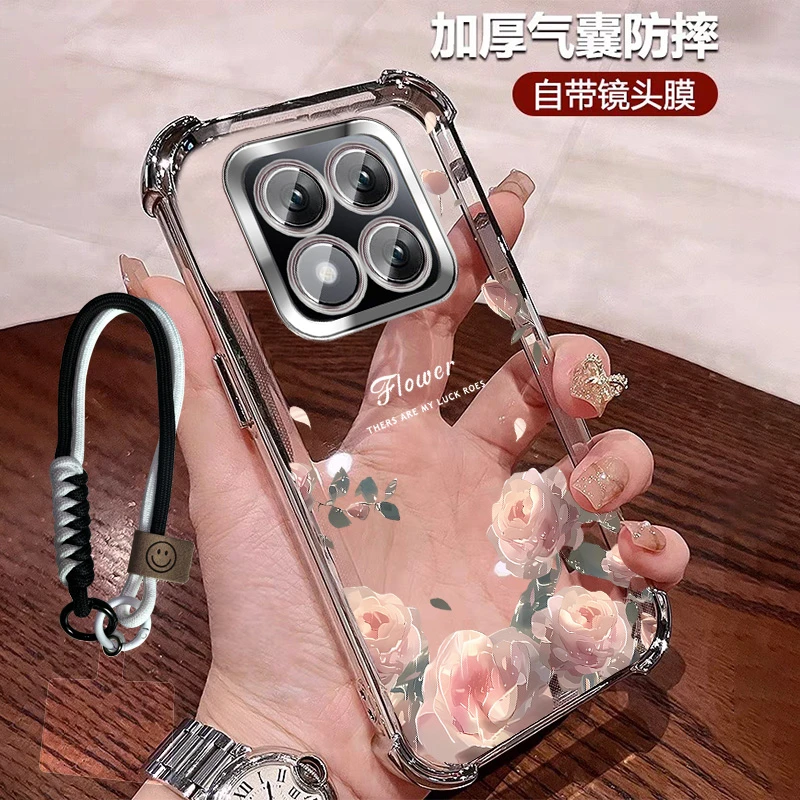 玫瑰花适用红米note14pro+手机壳女款透明硅胶全包镜头膜防摔手绳