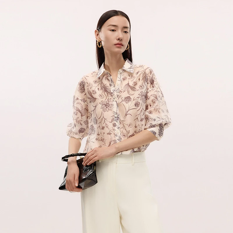 LANCY/朗姿2025夏新款印花polo领薄款衬衫女高级感气质通勤上衣LR