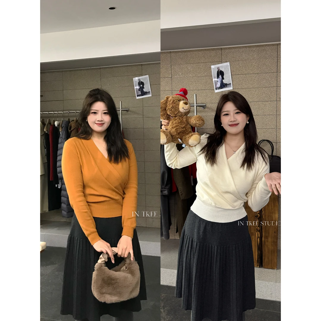 InTree张桶桶【元气冬日】百搭时尚显瘦交叉V领针织短款上衣STXW30G