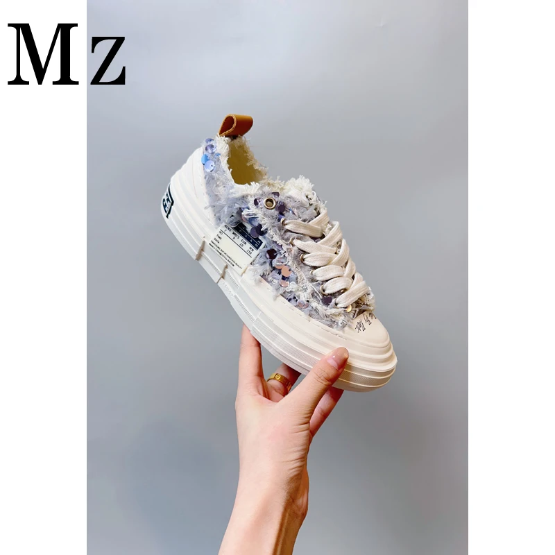 Mr.Zheng/3cm/厚底系带百搭圆头帆布鞋2025春夏新款亮片休闲女鞋