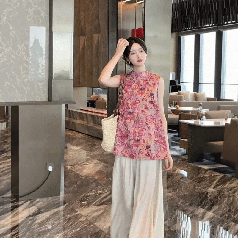 夏季新款新中式立领提花无袖中长款上衣女搭高级感阔腿裤套装