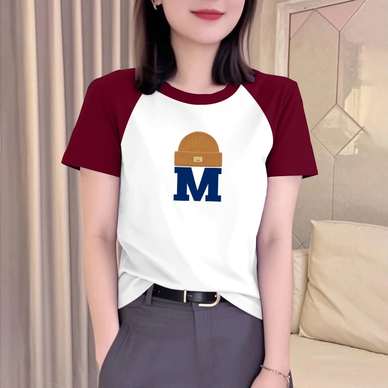 撞色插肩短袖t恤女士夏季修身显瘦半袖洋气时尚印花韩版半袖上衣