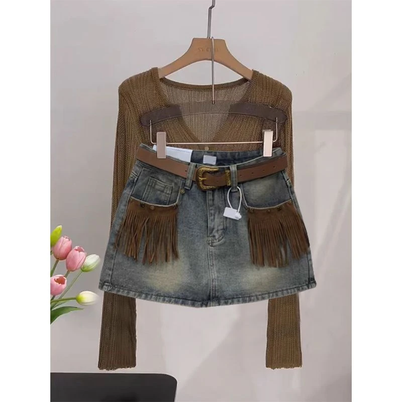 秋季一整套穿搭女2024新款简约针织修身开衫高档甜酷牛仔裙两件套