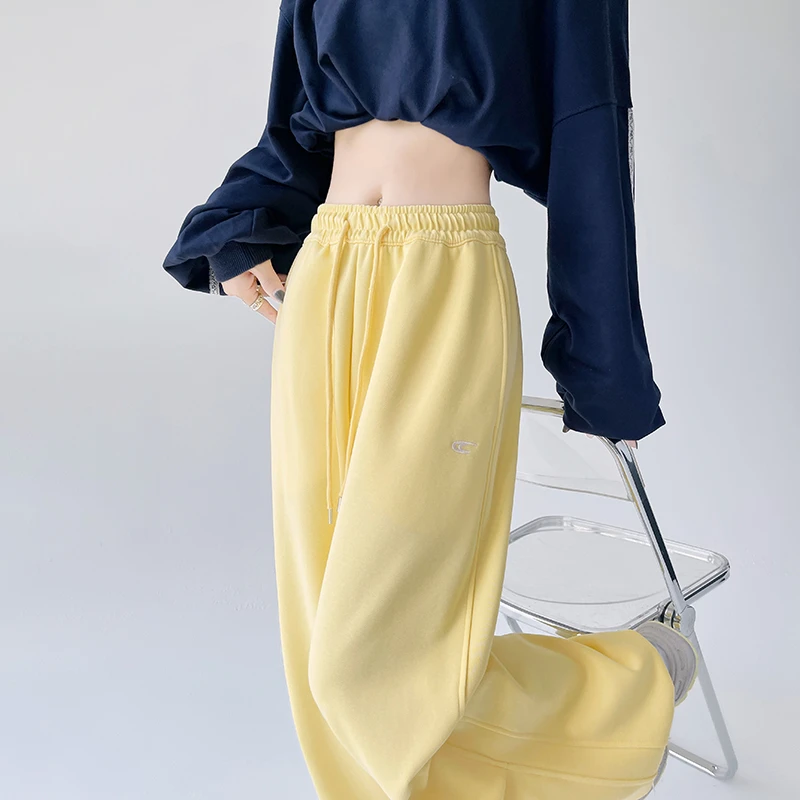 美式黄色运动裤女秋季宽松直筒2025新款健身休闲爵士跳舞街舞裤子