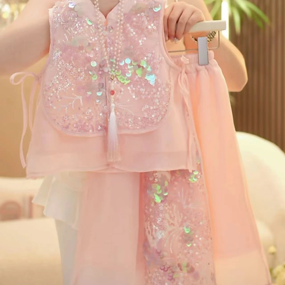 【米小洛】2025女童高级中式汉服套装新款儿童时髦亮片丝马甲裤子