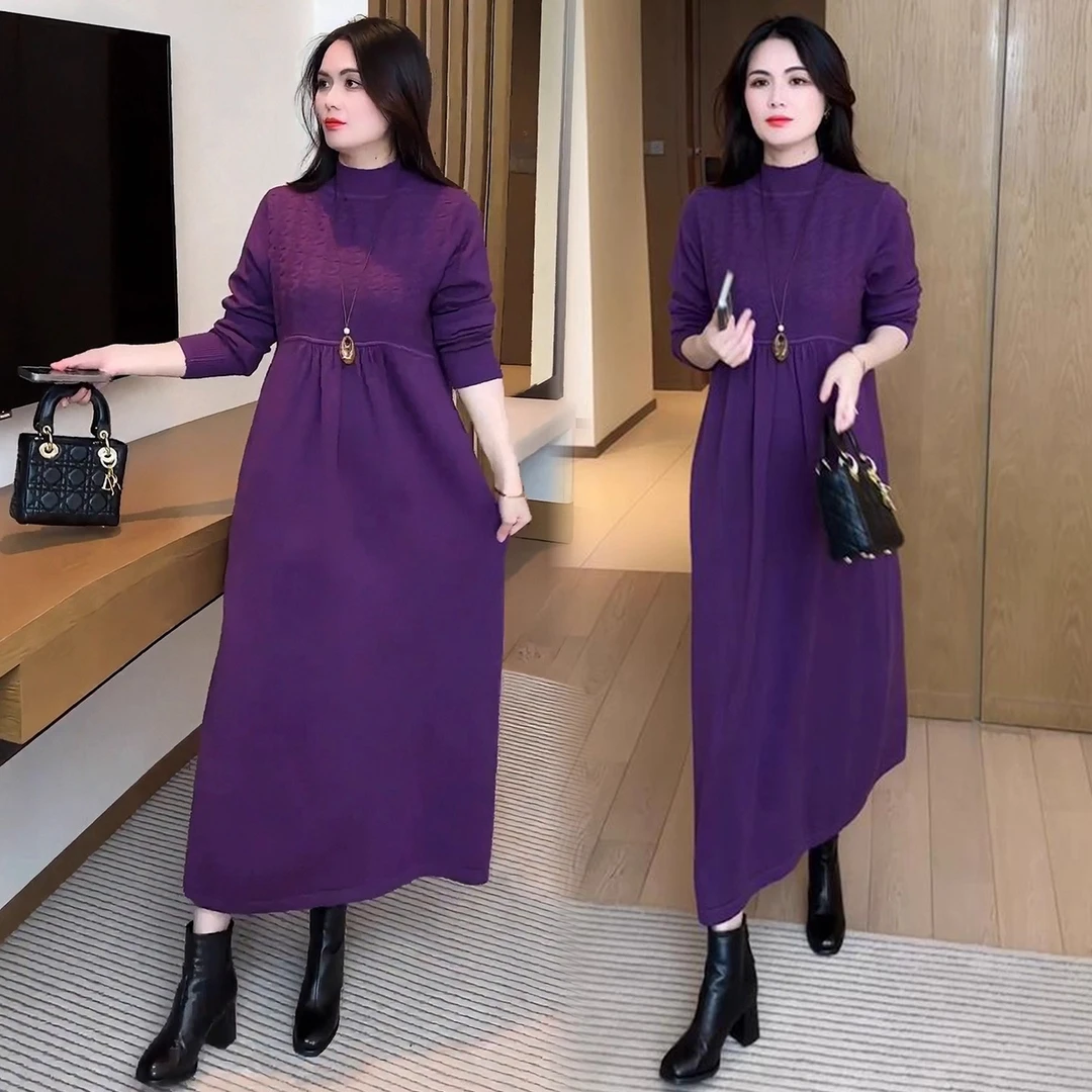 显瘦针织大码连衣裙高领收腰打底裙中长款洋气毛衣裙加厚连衣裙冬