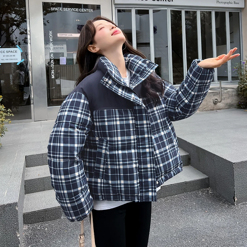 短款格子拼接女保暖立领棉服棉衣秋冬加厚复古宽松冬装2025年新款