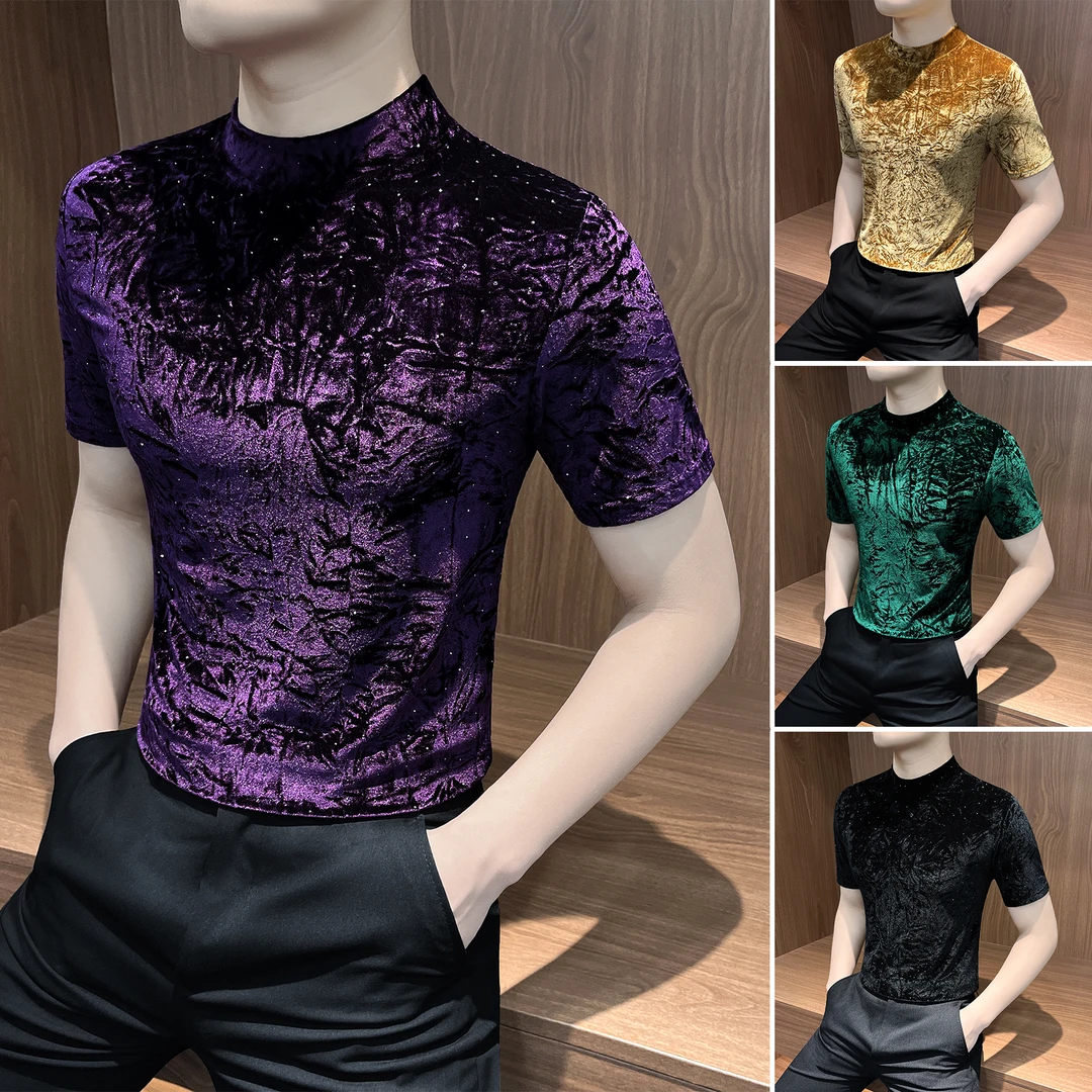 褶皱烫钻短袖T恤男款秋冬网红洋气炸街男装半高领痞帅男士打底衫
