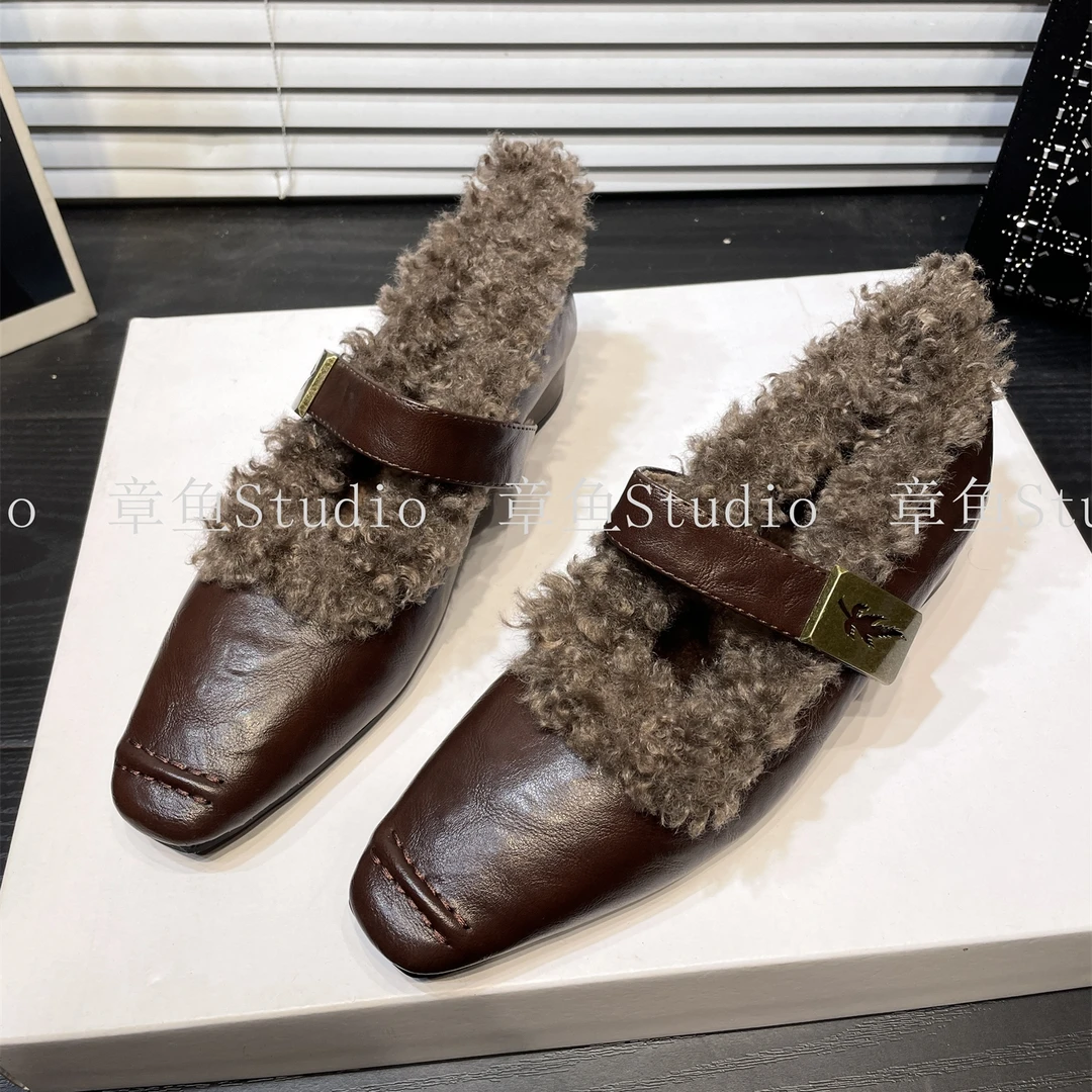 法式小香风一字带粗跟加绒玛丽珍女鞋2025秋冬新款保暖毛毛鞋棉鞋