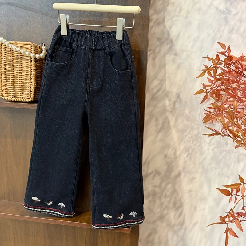 【现货】leomama童装女童加绒牛仔裤冬季儿童蘑菇刺绣保暖直筒长裤