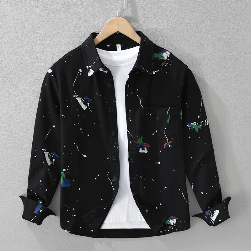 潮流印染工艺纯棉长袖衬衫男士秋季新款文艺休闲宽松上衣外套7570