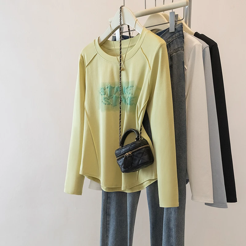 大码女装2025秋季新款轻职风百搭显瘦字母长袖T恤上衣2150