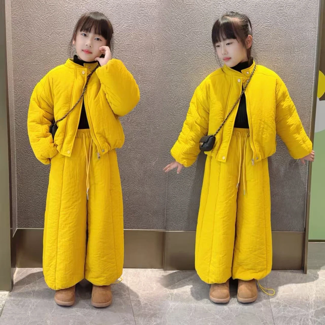女童2025款韩系休闲棉服套装夹棉加厚中大童外套裤子两件套秋冬装