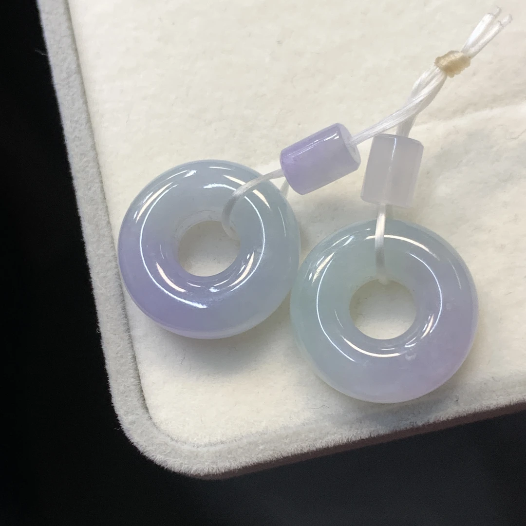 【金鑫】春带彩翡翠甜甜圈一对冰胶细腻紫罗兰甜甜圈缅甸翡翠A货