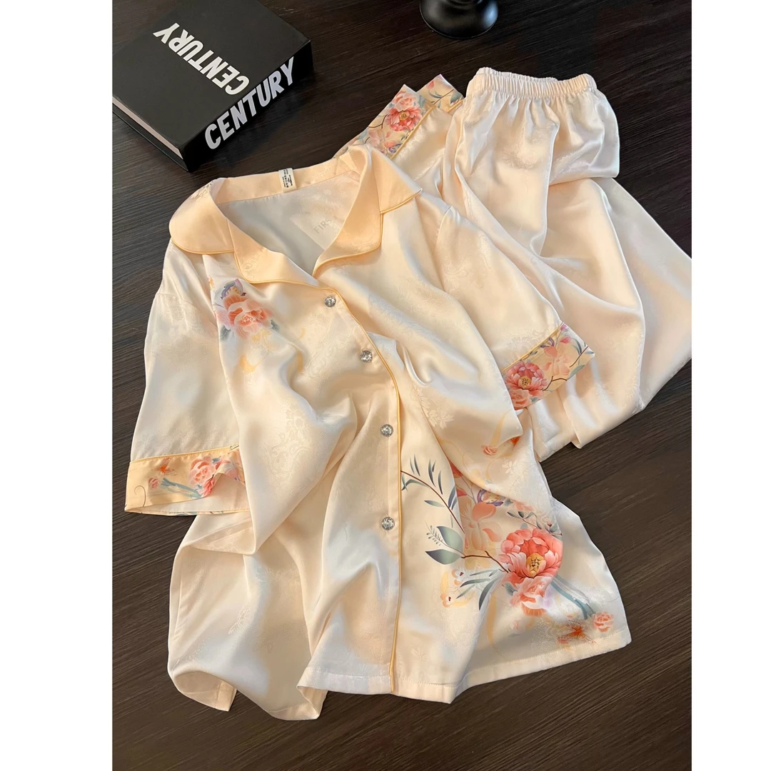 国风花卉冰丝印花睡衣女夏季2025新款大码短袖长裤居家套装可外穿
