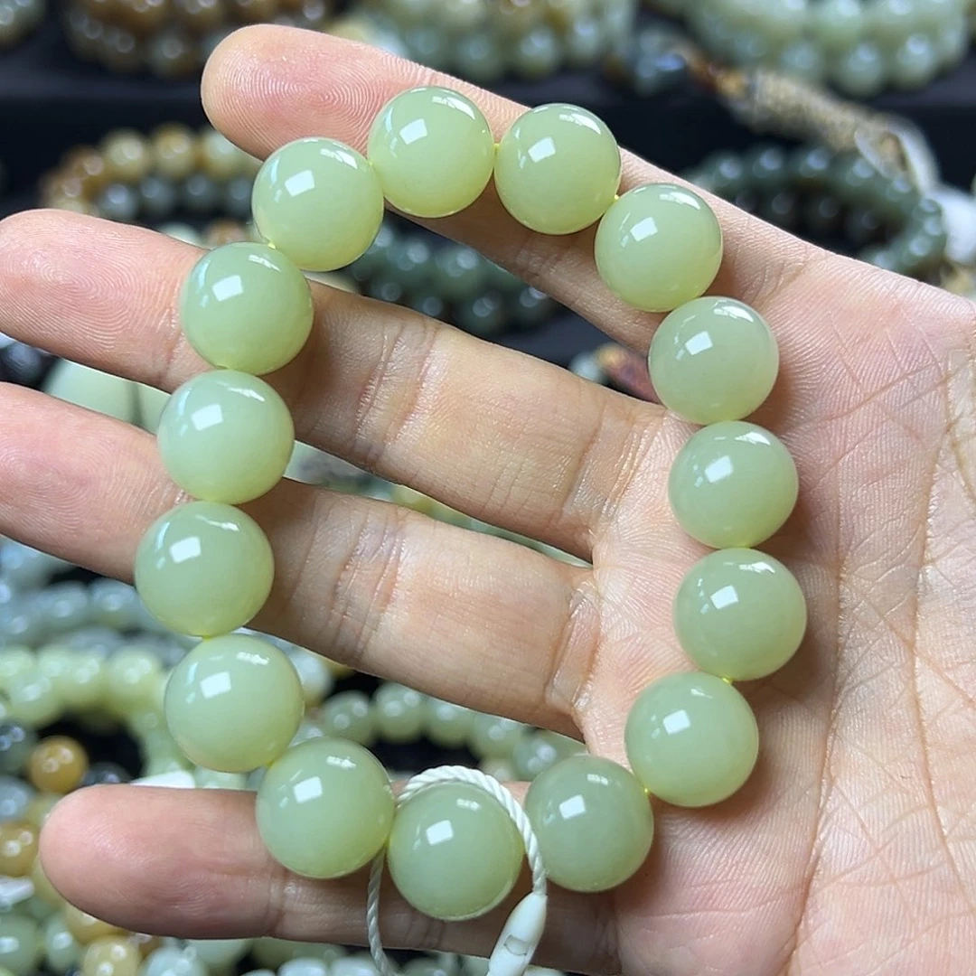 和田玉手链未镶嵌新疆若羌青黄口卡14圆珠 油润细腻