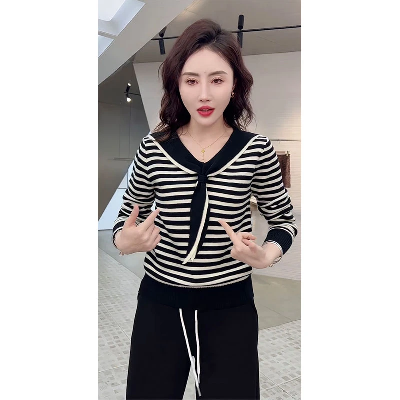 欧货2025秋冬新款海军领长袖条纹针织毛针织衫百搭洋气显瘦气质