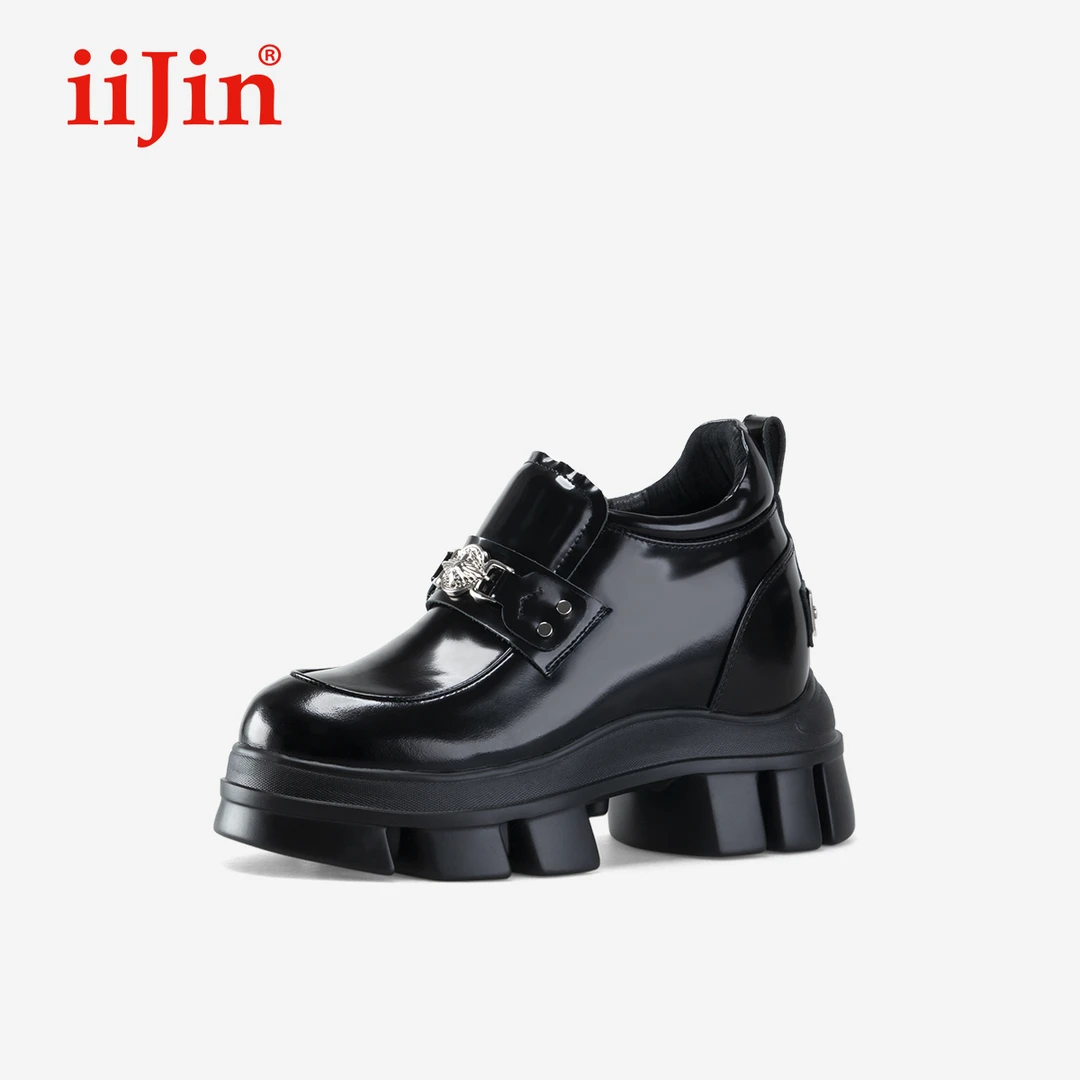 iiJin艾今经典10.5cm超轻厚底内增高珠光链扣乐福皮鞋女YF958EXH