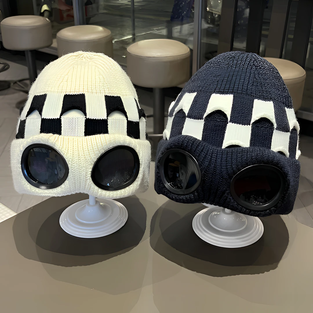 中大童护耳毛线帽秋冬男女童防风镜片飞行员针织帽滑雪护目镜帽子