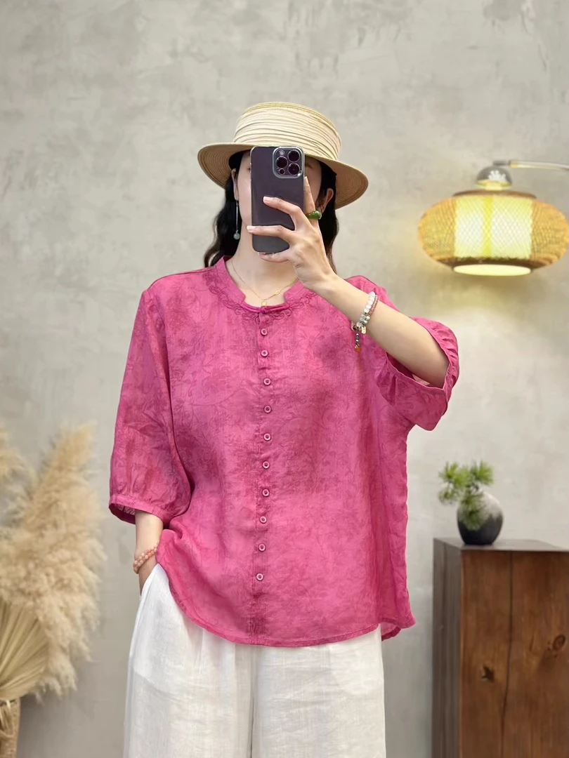 衬衫亚麻苎麻暗纹刺绣夏季时尚中式小衫七分新款宽松显瘦上衣胖mm