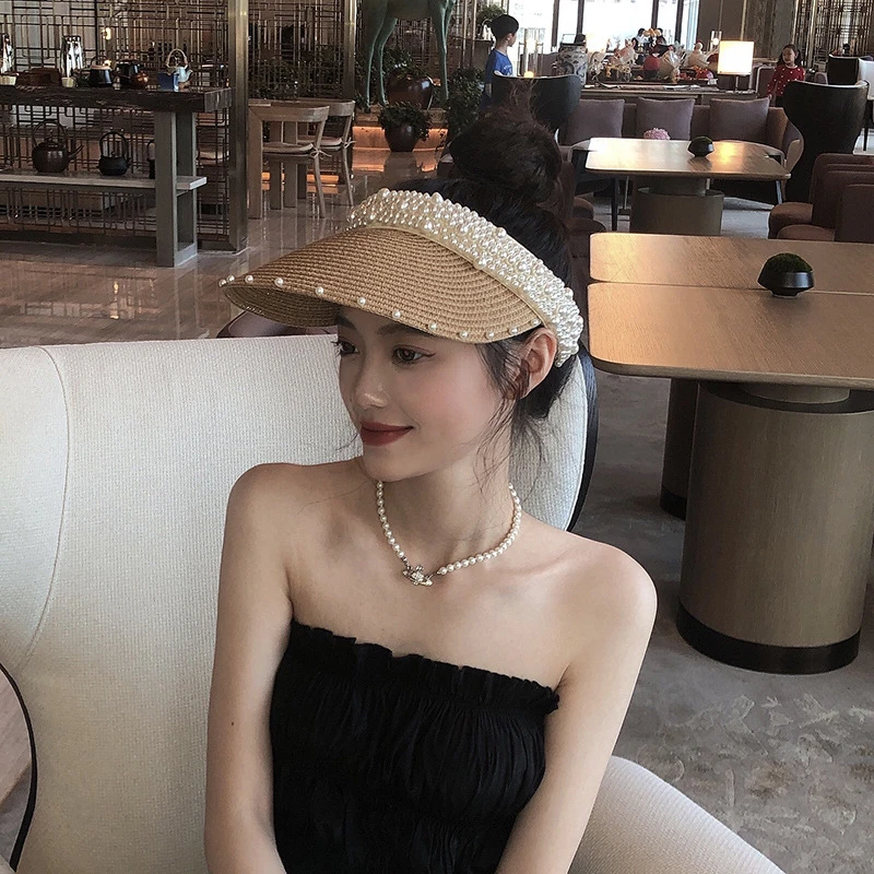 x1172tzins空顶草帽女夏薄款韩版防晒遮阳珍珠无顶太阳帽鸭舌帽