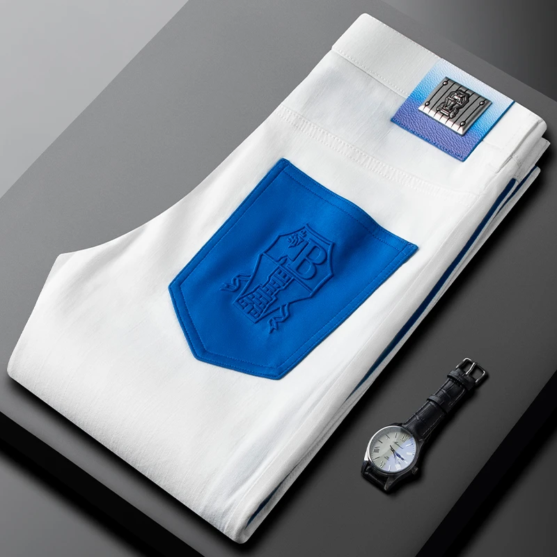 轻奢高端莱赛尔撞色牛仔裤男修身小直筒夏季薄款休闲水洗时尚长裤