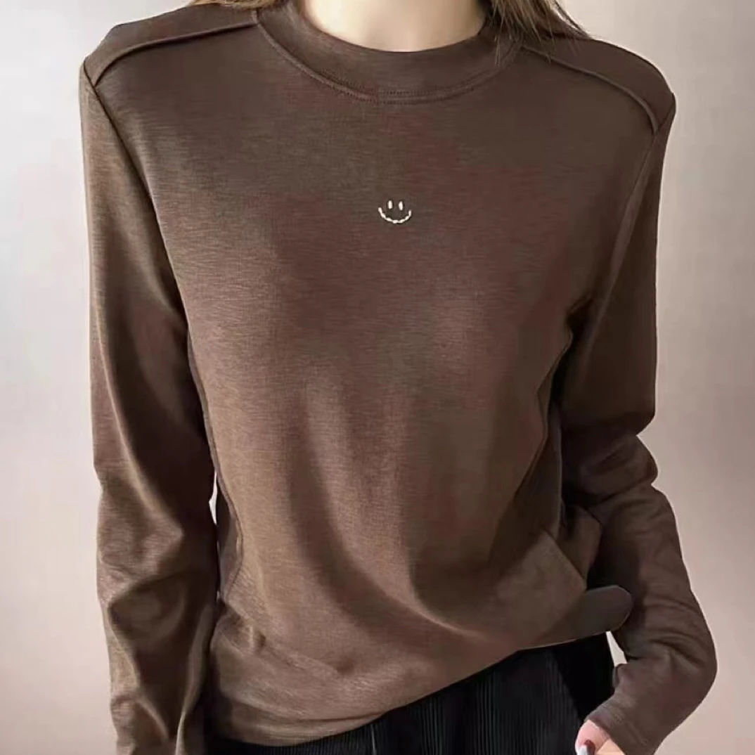 保暖长袖字母修身型圆领拼接T恤显瘦纯色内搭秋冬