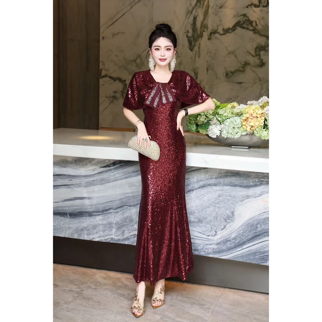 2025早秋新款重工订钻修身包臀亮片鱼尾长裙高档婚礼女礼服连衣裙