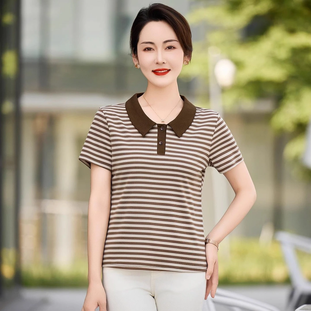 大码女装夏季2025新款妈妈装娃娃领条纹正肩短袖t恤女士百搭上衣