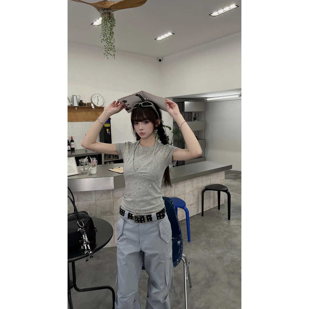 雨哥小众设计有星星烫钻假两件针织T恤春季显瘦