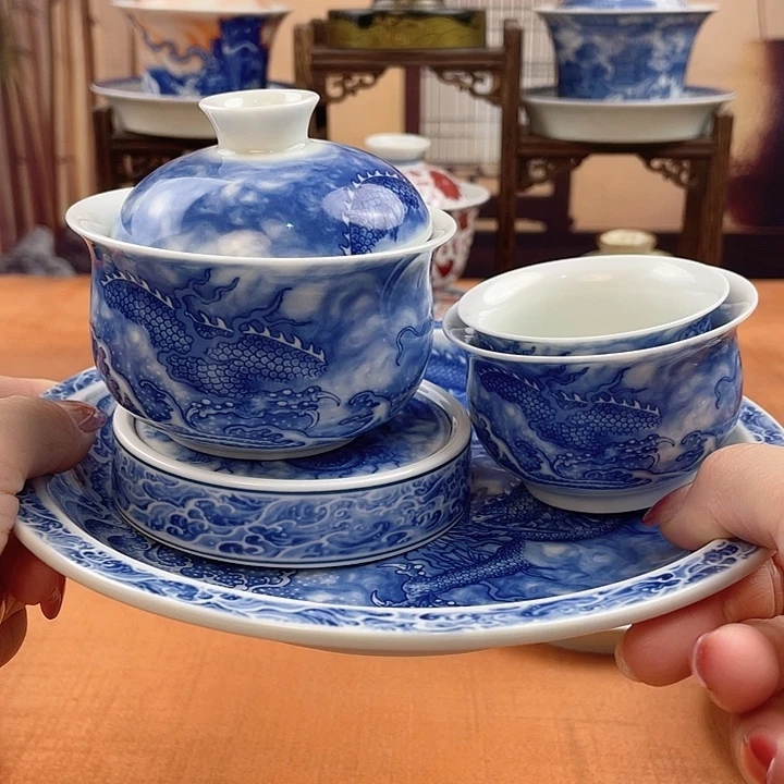 陶摆件青花龙吸水五件套