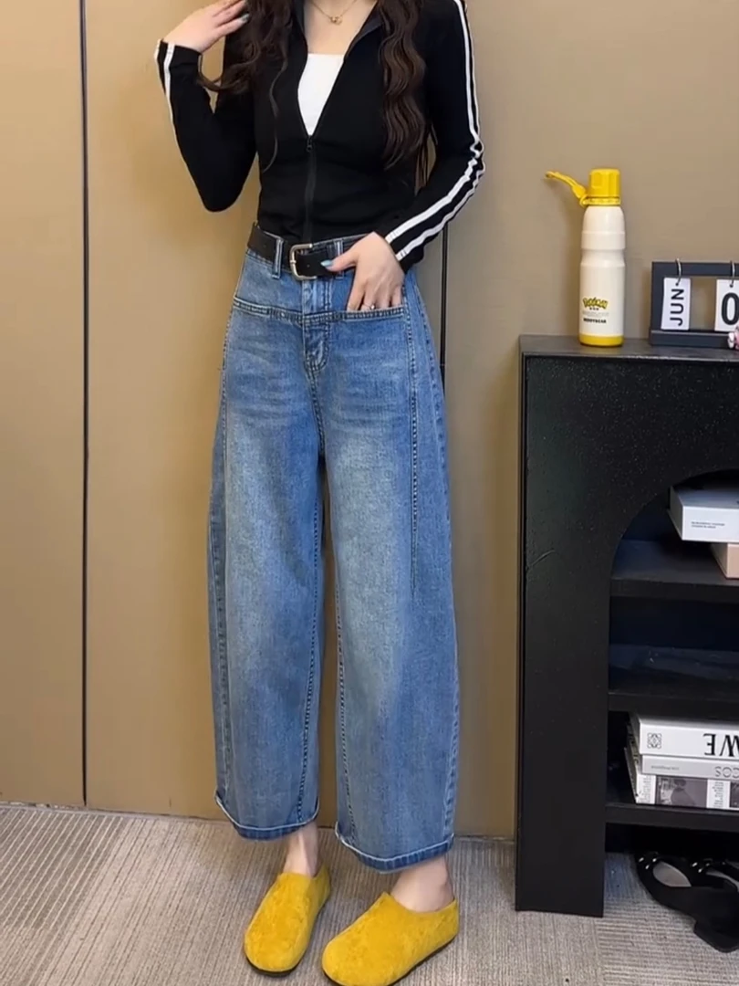 2025秋季新款大码香蕉弯刀阔腿牛仔裤女胖mm宽松显瘦小个子裤子